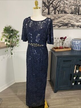 Adrianna Papell Navy Sequin Lace Maxi Dress with Beaded Waist size 10